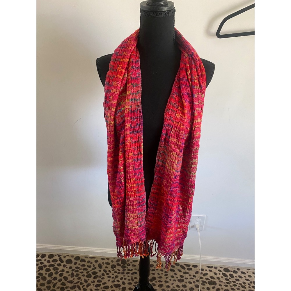 J. Jill Womens Red Multi Color Textured Crinkle Striped Scarf with Fringe NWT